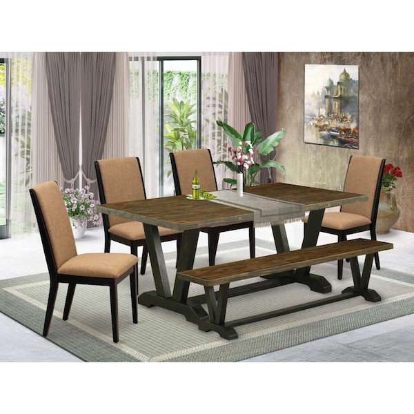 East West Furniture 6 Piece V-Style Stylish Dining Room Table Set - Wire Brushed Black V677LA147-6 - main